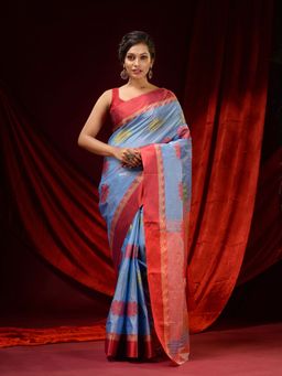 CHARUKRITI - Blue Tusser Silk Woven Floral Motifs and Paisley Borders Saree