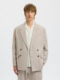 Selected - Men Beige Striped Double Breasted Blazer