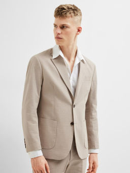 Selected - Men Beige Seersucker Tailored Blazer