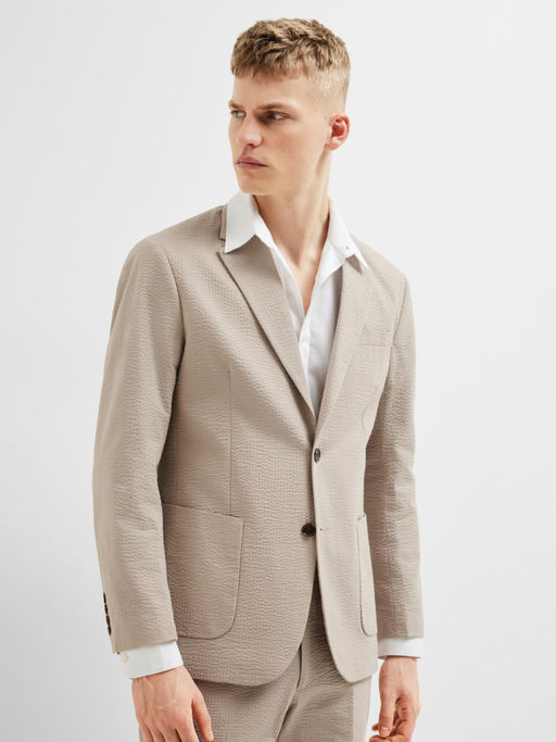Selected Men Beige Seersucker Tailored Blazer