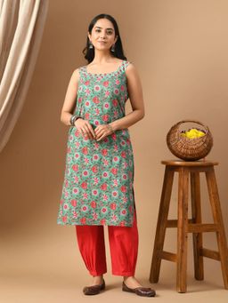 Laado - Pure Cotton Green Floral Sleeveless Kurta