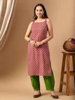Laado - Pure Cotton Kantha Peach Booti Straps Kurta