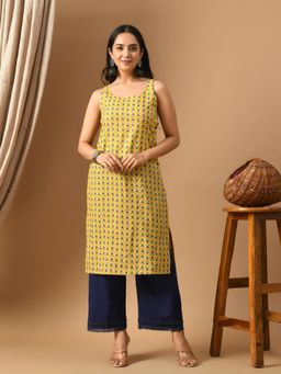 Laado - Pure Cotton Yellow Printed Sleeveless Kurta with Palazzo (Set of 2)