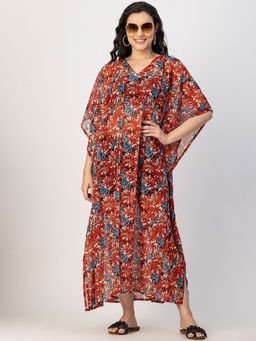 Moomaya - Kimono Sleeves V Neck Printed Kaftan