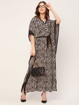 Moomaya - Kimono Sleeves V Neck Rayon Printed Kaftan