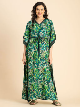 Moomaya - Kimono Sleeves V Neck Rayon Printed Kaftan