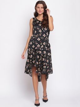 Latin Quarters - Floral Print Sleeveless Casual Dress Black with Ruffles