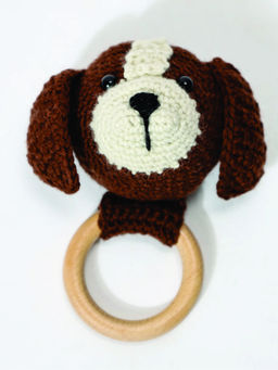 FURR BALLS - Baby Crochet Dog Rattle with Natural Beech Wood Teething Ring - Brown