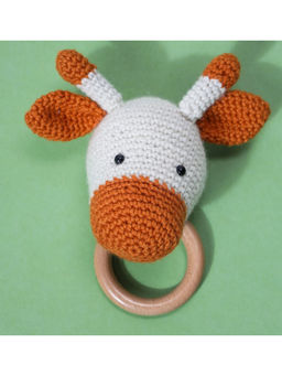 FURR BALLS - Baby Crochet Gifi Rattle with Natural Beech Wood Teething Ring - Off White