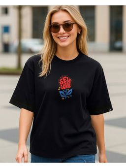 Bewakoof - Women Black Self Love Graphic Printed Oversized T-Shirt