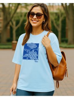 Bewakoof - Women Sky Blue Positive Graphic Printed Oversized T-Shirt