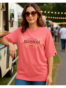 Bewakoof - Women Coral Pink Blossom Graphic Printed Oversized T-Shirt