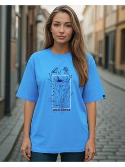 Bewakoof - Women Azure Blue Wild Flower Floral Printed Oversized T-Shirt
