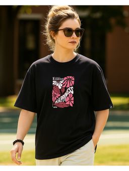 Bewakoof - Women Black Happiness Graphic Printed Oversized T-Shirt