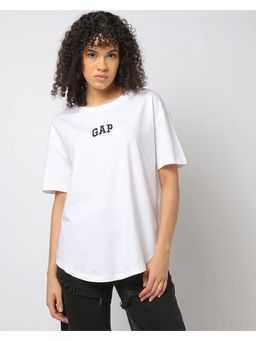 GAP - White Women Logo Print Relaxed Half Round Neck T-Shirt