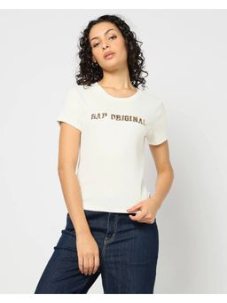 GAP - Off White Women Letter Print Round Neck Slim T-Shirt