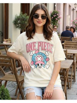 Bewakoof - Cream One Piece Women Gardenia Chopper Graphic Printed Oversized T-Shirt