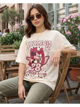 Bewakoof - Disney Women Off White Saddle Up Graphic Printed Oversized T-Shirt