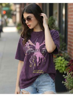 Bewakoof - Women Purple Infinite Aura Graphic Printed Oversized Acid Wash T-Shirt