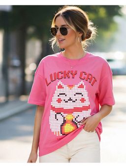 Bewakoof - Women Bubble Gum Pink Lucky Cat Graphic Printed Oversized T-Shirt