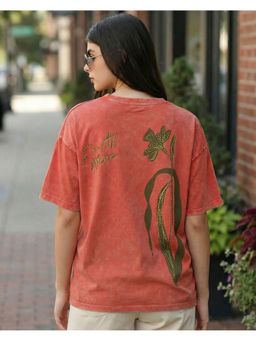 Bewakoof - Women Orange All Mine Graphic Printed Oversized Acid Wash T-Shirt