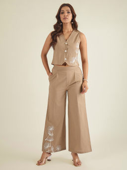WineRed - Brown Cotton Embroidered Co-Ord Set