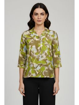 TAMISKA BY NARENDRA KUMAR - Green Brushstroke Abstract Printed Shirt Style Top