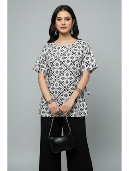 TAMISKA BY NARENDRA KUMAR - White Monochrome Motif Tie-Waist Top