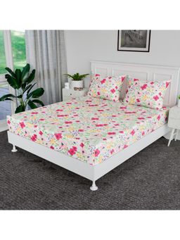 Kuber Industries - Inch Double Bedsheets with 2 Pillow Covers Flower Print Pink & White