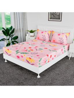 Kuber Industries - 72X78 Inch Elastic Double Bedsheet with 2 Pillow Covers Flower Design Pink