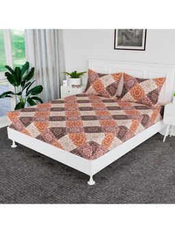 Kuber Industries - 72X78 Inch Elastic Double Bedsheet with 2 Pillow Covers Rangoli Design Brown