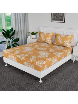 Kuber Industries - Cotton Bedsheet For Double Bed with 2 Pillow Cover Lotus Fabio Golden & White