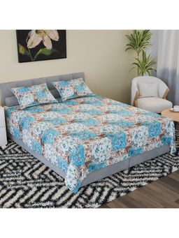 Kuber Industries - Cotton 144 Tc Double Bedsheet with 2 Pillow Covers Flower Print Blue & White