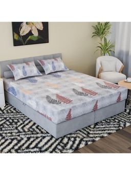 Kuber Industries - Cotton Double Bedsheet with 2 Pillow Covers Leaf Fitted Print Grey