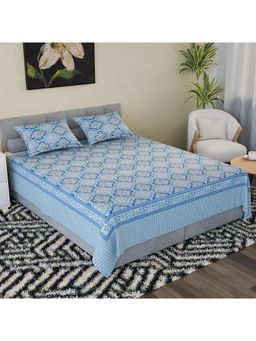 Kuber Industries - Cotton Double Bedsheet with 2 Pillow Covers Flower Heritage Blue
