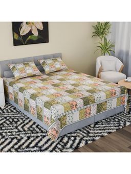 Kuber Industries - Cotton 144 Tc Double Bedsheet with 2 Pillow Covers Barik Flower Print Green