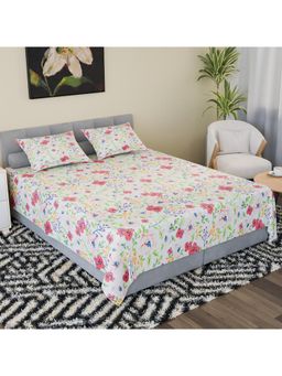 Kuber Industries - Cotton Double Bedsheet with 2 Pillow Covers Flower Print Pink & White