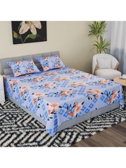 Kuber Industries - Cotton Double Bedsheet with 2 Pillow Covers Flower Print Light Blue