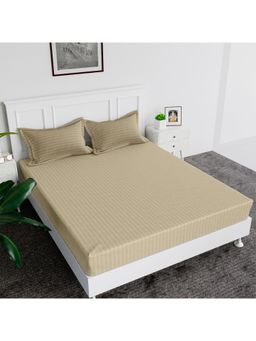 Kuber Industries - 144 Tc Glace Cotton Striped Double Bedsheet with 2 Pillow Cover Cream