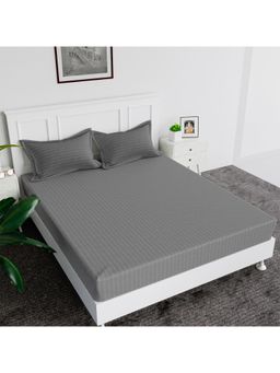 Kuber Industries - 144 Tc Glace Cotton Striped Double Bedsheet with 2 Pillow Cover Grey