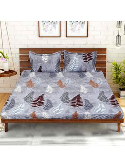 Kuber Industries - Cotton Fitted Leaf Design Double Bedsheet with Two Pillow Covers Grey