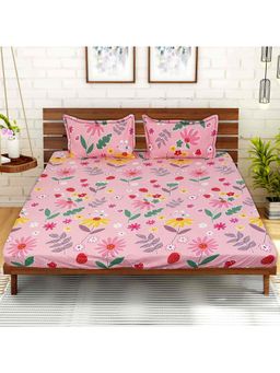 Kuber Industries - Cotton Fitted Floral Double Bedsheet with Two Pillow Covers Pink
