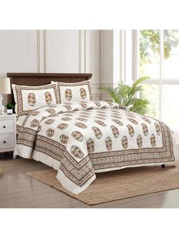 Kuber Industries - Dezier Flower Boota Double Bedsheet with 2 Pillow Covers Beige