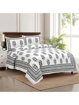 Kuber Industries - Dezier Flower Boota Double Bedsheet with 2 Pillow Covers Blue