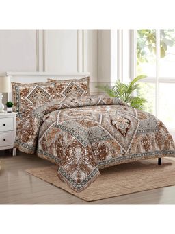 Kuber Industries - Cotton Flower Square Double Bedsheet with 2 Pillow Covers Brown