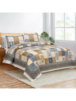 Kuber Industries - Candy Flower Double Bedsheet with 2 Pillow Covers Grey & Yellow