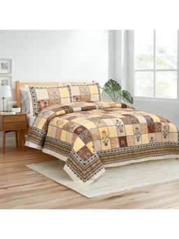 Kuber Industries - Candy Flower Double Bedsheet with 2 Pillow Covers Brown & Yellow