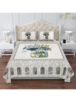 Kuber Industries - Cotton Flower Pot Double Bedsheet with 2 Pillow Covers Grey