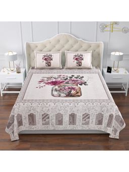 Kuber Industries - Cotton Flower Pot Double Bedsheet with 2 Pillow Covers Beige
