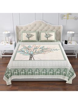 Kuber Industries - Cotton Photo Frame Tree Double Bedsheet with 2 Pillow Covers Green